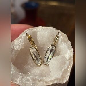 Vintage Style Gold Tone CZ Drop Earrings Elongated Oval Bezel Set Leverback